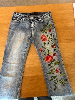 Romy Light Blue Flared Jeans with Red Floral Embroidery